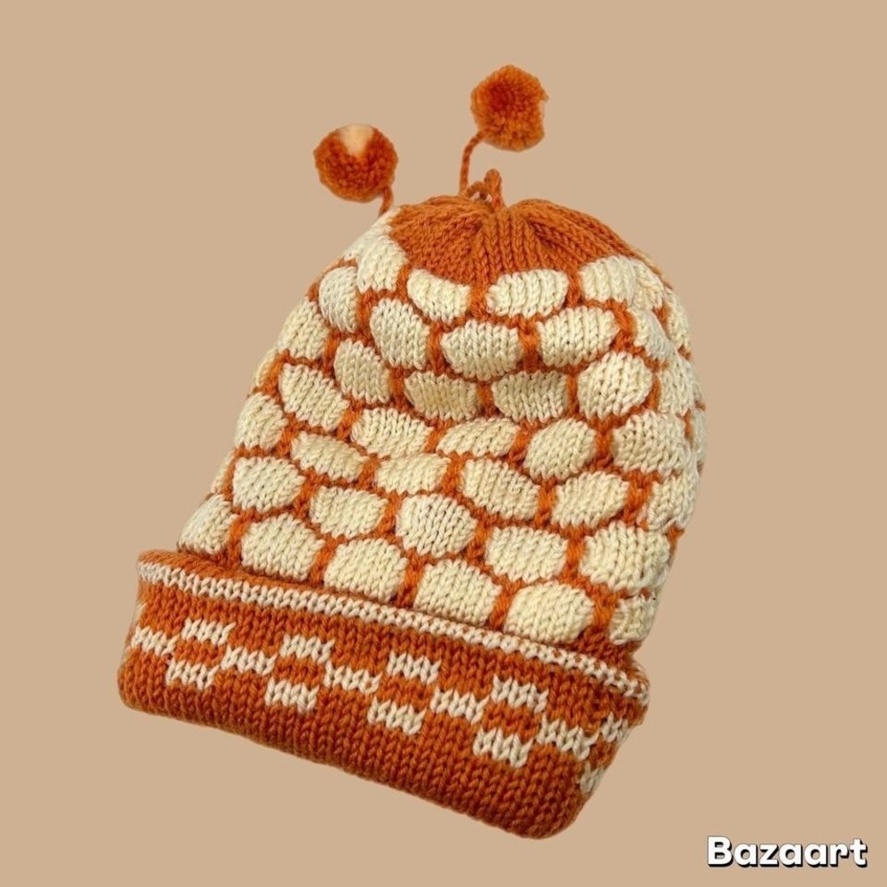 Vintage Handmade Retro Print Orange Checker Knitted Beanie Ski Winter Beanie Pom